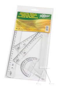 Estuche dibujo escolar transparente, regla 30 cm, escuadra y cartabón 25 cm, semicírculo 9 cm.