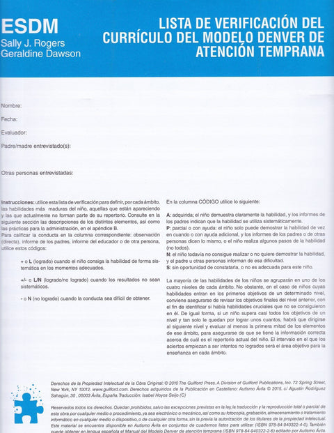  Lista de verificación del Currículo del Modelo Denver de Atención Temprana 
