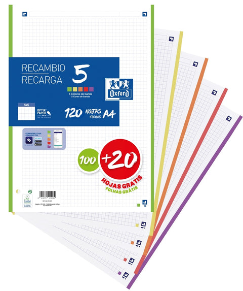  Recambio multicolor a4 100+20h 90g 4 taladros cuadricula 5x5 con 5 colores de banda vivos 