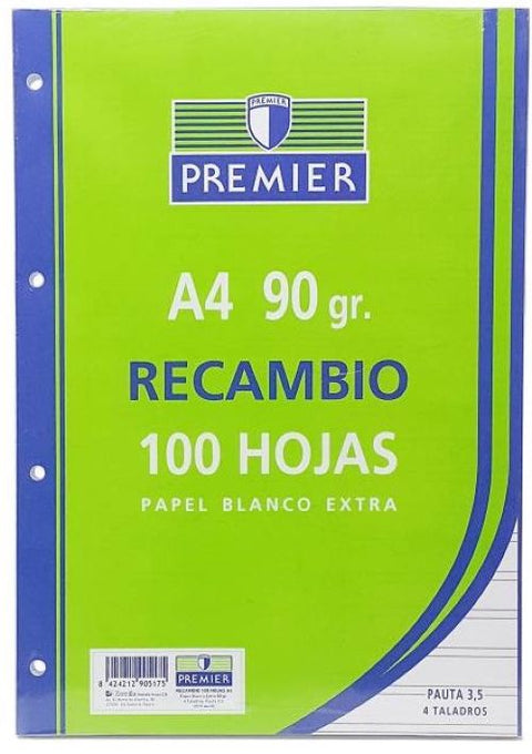  Recambio A4 100h 4 taladros 90g pauta 3,5mm C/M PREMIER 